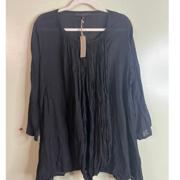 J.P. & Mattie Tops - J.P. &Mattie Black Ruched Cotton Tunic Top 3/4 Sleeve Gathered Front,Size Large